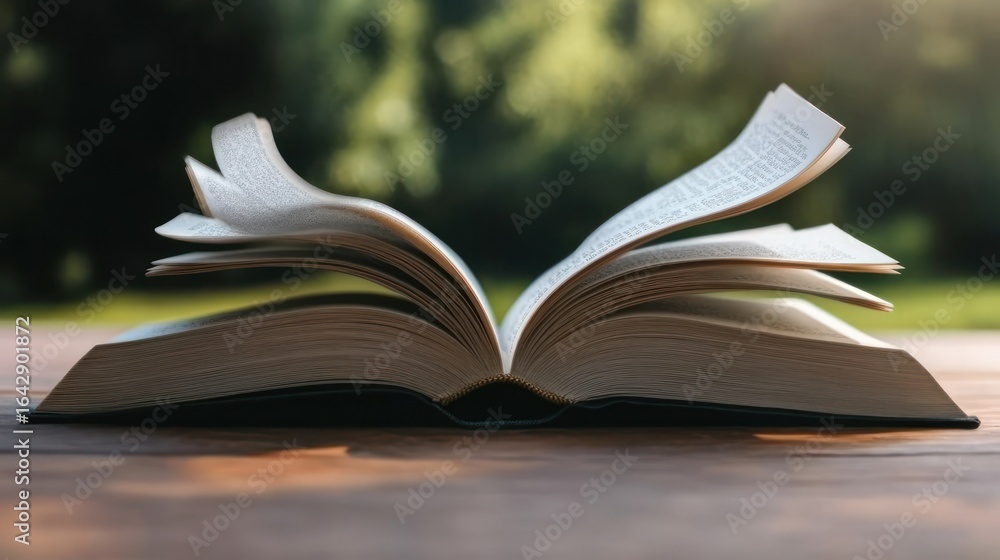 Obraz premium Open book with turning pages on a wooden table in a natural outdoor setting