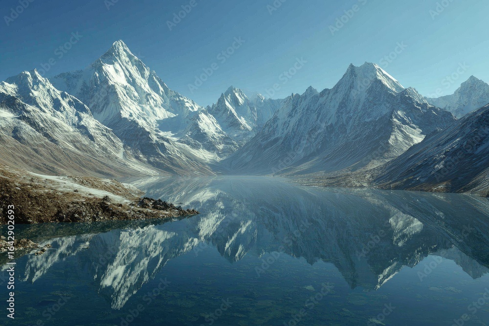 Fototapeta premium Serene mountain lake mirroring peaks (1)