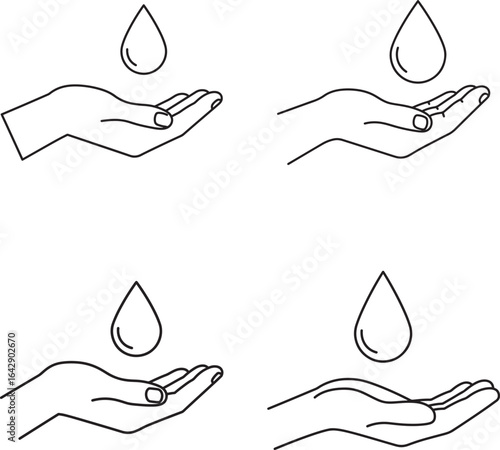 Hands catching water drops line art illustration for water conservation concept