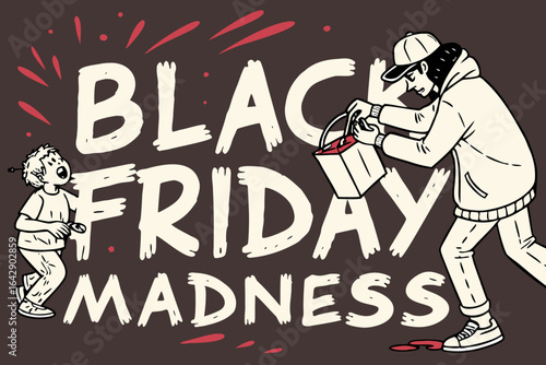 Illustration of Black Friday madness with shoppers and a discount bucket