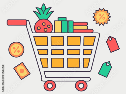 Shopping cart loaded with purchases and discount items, flat vector illustration