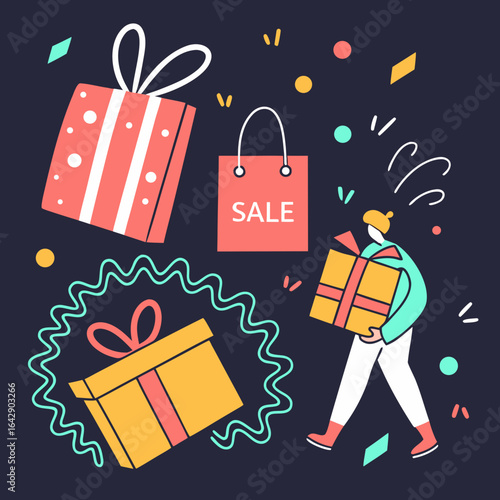 Festive shopping spree with gift boxes and sale bag