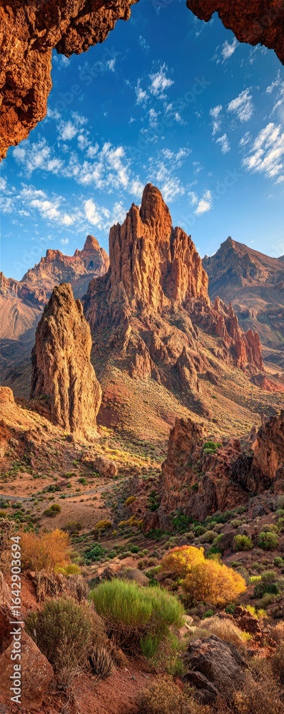 Fototapeta premium Dramatic mountain vista with rugged peaks and vibrant landscape