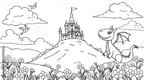 Majestic Fairy Tale Castle on a Hill with a Cute Friendly Dragon Sitting in a Magical Landscape.