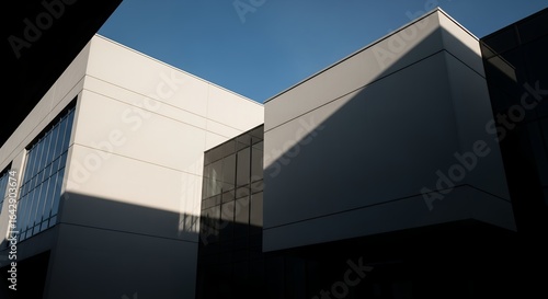 Modern architecture featuring white and dark blocks under a clear blue sky, concept for government building representation, legal office architecture and corporate headquarters