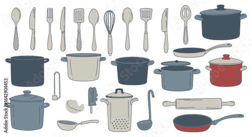 A Doodle Vector Collection of Various Kitchen Utensils and Cookware on a White Background
