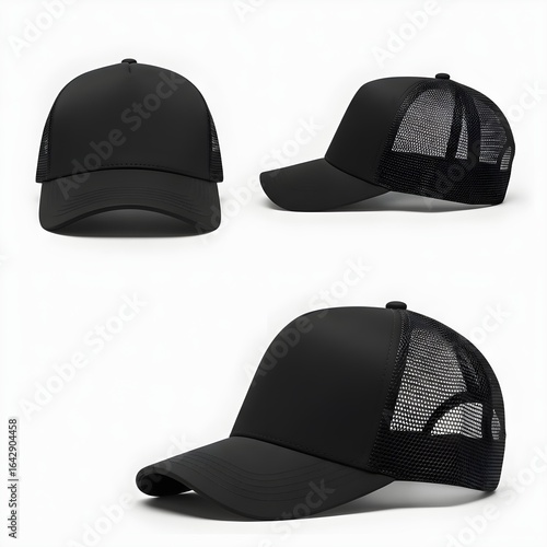 Black Trucker Hat Mockup – Front, Side, and Angled View on White Background