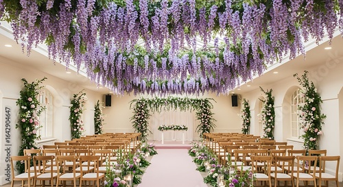Fototapeta Naklejka Na Ścianę i Meble -  Indoor garden wedding with trellis ceiling and hanging wisteria
