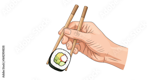 Close-up of a hand holding a sushi roll with chopsticks in a Japanese restaurant
