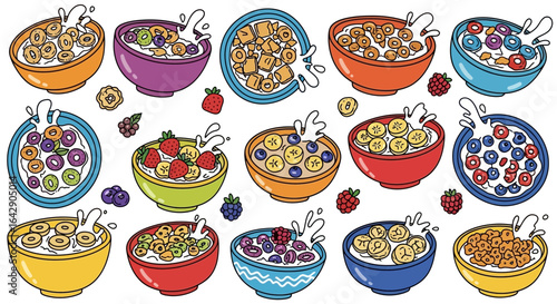 Colorful doodle vector assortment of various breakfast cereal bowls with fresh berries and milk