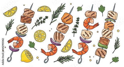 Hand-drawn doodle set of grilled seafood and fish skewers with lemon and fresh herbs