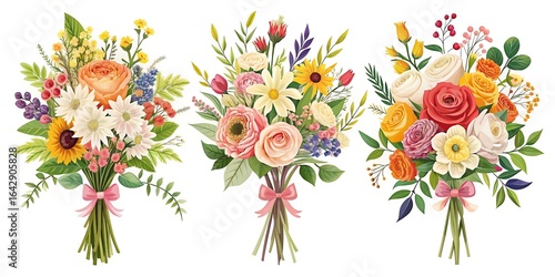 Three bouquets of flowers are shown, each with a different color scheme
