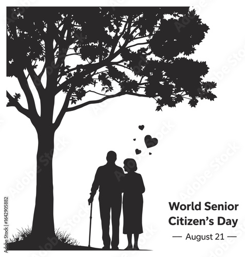 Vector art of silhouette of an elderly couple under a tree for world senior citizens day on august 21, symbolizing love, support, and care for the elderly generation, isolated on white background