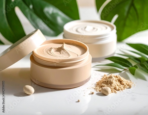 Skincare products on marble surface with natural elements