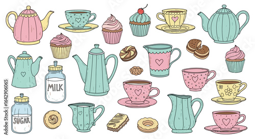 Whimsical tea party illustration Teapots, cupcakes, and sweets in a delightful doodle vector