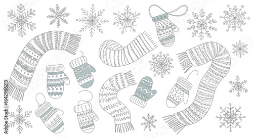 Hand-drawn doodle vector set of cozy winter clothing accessories and delicate snowflakes, perfect for festive seasonal designs