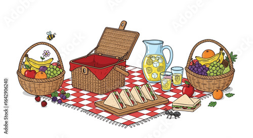 Picnic Delight Vector Art of Sandwiches, Fruit Baskets, and Refreshing Lemonade