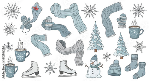 A hand-drawn vector doodle collection of cozy winter items like scarves, mittens, and skates