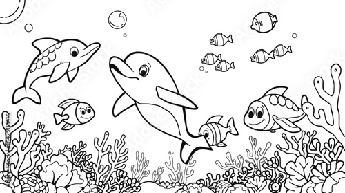 Playful Cartoon Dolphins, Fish, and Turtle Swimming in a Vibrant Underwater Ocean Coral Reef Scene