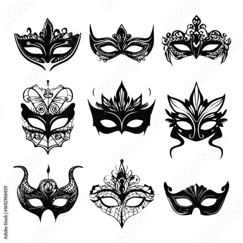 Vector silhouette set of Halloween Masquerade Mask isolated in White background, silhouette Set, Halloween theme, Vector illustration 