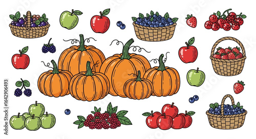Harvest bounty of pumpkins, apples, and berries in woven baskets on a white canvas
