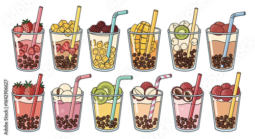Vibrant array of diverse bubble tea illustrations with fruity toppings and tapioca pearls