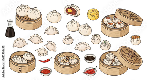 A hand-drawn vector illustration set of traditional Chinese dim sum food with dumplings