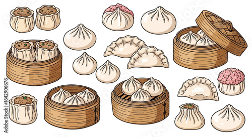 A hand-drawn vector illustration set of traditional Asian dim sum food in bamboo baskets