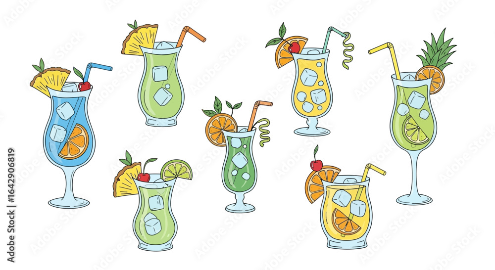 Fototapeta premium Colorful Doodle Vector Set of Tropical Cocktails with Fruit Garnishes for Refreshing Beverages
