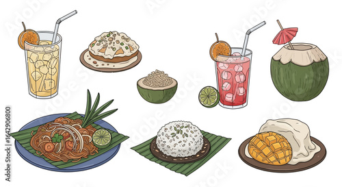 Delicious Thai Street Food Doodle Vector Set Pad Thai, Mango Sticky Rice, and Coconut Drinks