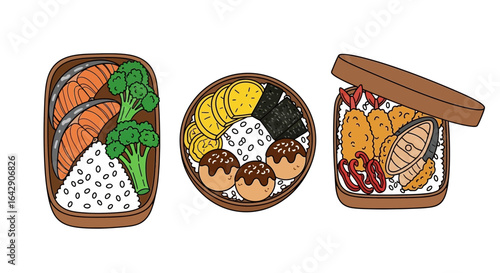 Doodle vector set of traditional Japanese bento boxes with rice, fish, and vegetables