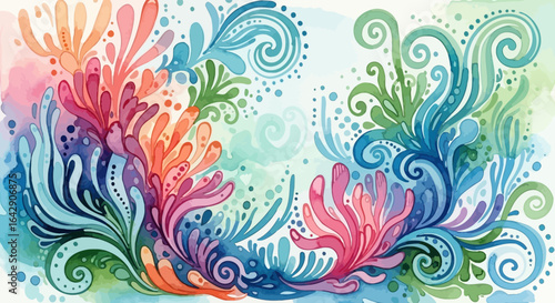 Vibrant watercolor illustration of fantastical abstract aquatic flora creating a serene marine pattern
