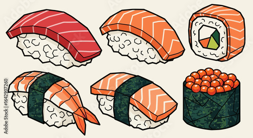 Assortment of delicious Japanese food icons, a hand-drawn doodle vector collection of sushi, nigiri, and rolls for a restaurant menu