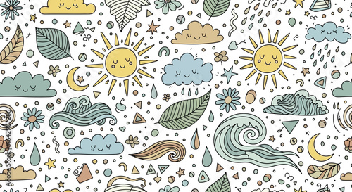 A hand-drawn doodle vector pattern with quirky nature symbols like smiling suns, cute clouds, leaves, and abstract ocean waves