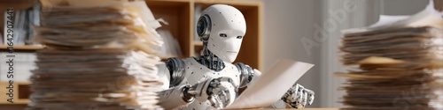 Robot reading documents on desk with stacks of paperwork, automation in office