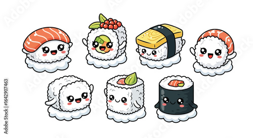 Kawaii Sushi Characters Cute Vector Illustration of Floating Sushi