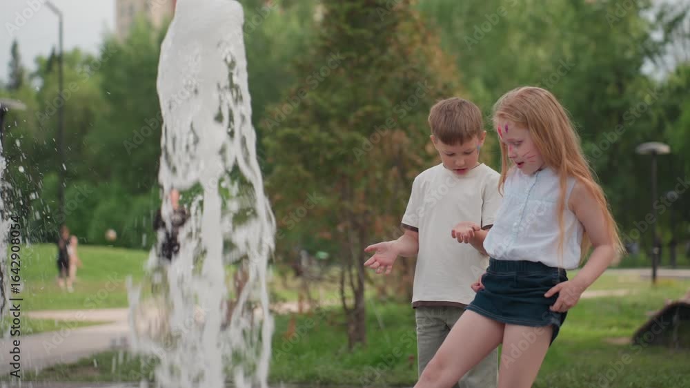 Toddlers playing with water jet in recreational park, touching splash with hands, parents and other people seated on bench in background, summer greenery framing curious youthful interaction Toddlers playing with water jet in recreational park, touching splash with hands, parents and other people seated on bench in background, summer greenery framing curious youthful interaction