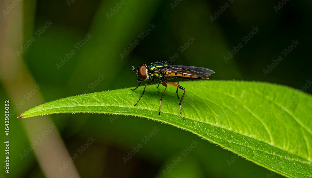 Close-up of a fly perched on a vibrant green leaf, blurred background Close-up of a fly perched on a vibrant green leaf, blurred background