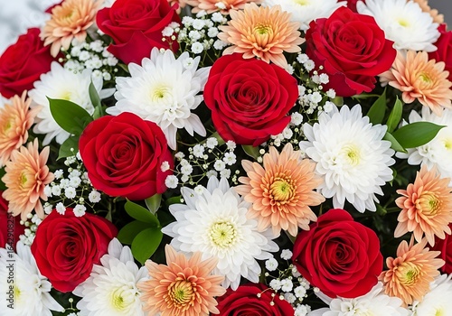 Closeup of a vibrant bouquet of red roses and chrysanthemums