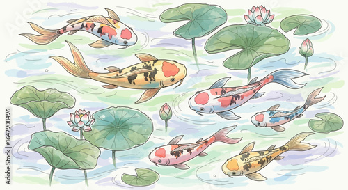 Watercolor illustration of Japanese koi carp fish swimming peacefully in a pond with lotus flowers