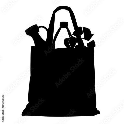 Silhouette of reusable tote bag with recyclables, eco-friendly lifestyle and plastic avoidance