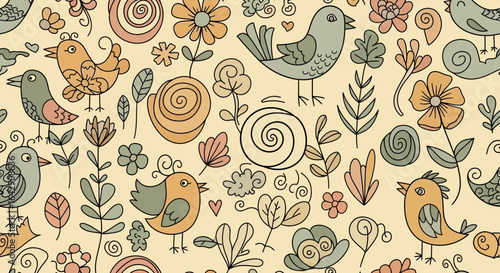 Whimsical Doodle Pattern Playful Birds, Spirals, and Floral Elements in Vector Illustration