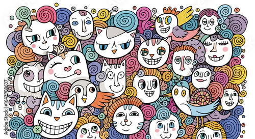 Whimsical Doodle Faces & Animals Colorful Abstract Art