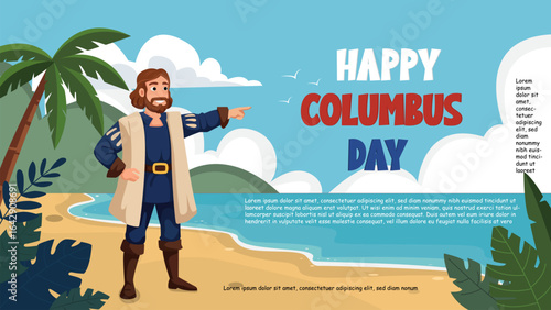 Happy Columbus Day On Holiday Poster banner with Christopher Columbus Flat Vector Illustration