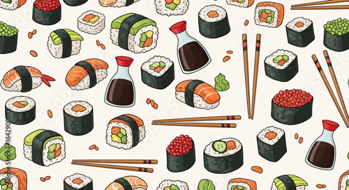 Playful hand-drawn seamless pattern with assorted sushi rolls, nigiri, and Japanese cuisine elements.