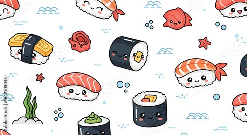 Cute kawaii sushi characters seamless vector pattern with sea waves on a white background