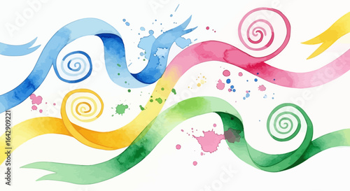 Watercolor Ribbons and Swirls A Playful Abstract Design with Vibrant Colors and Splashes