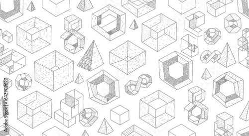 Seamless doodle pattern of isometric geometric figures, abstract cubes, and endless pyramids.
