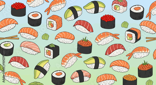 Seamless vector pattern featuring a diverse assortment of fresh sushi pieces on a soft gradient background
