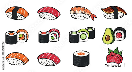 Diverse Sushi Assortment A Colorful Vector Icon Collection for Culinary Enthusiasm